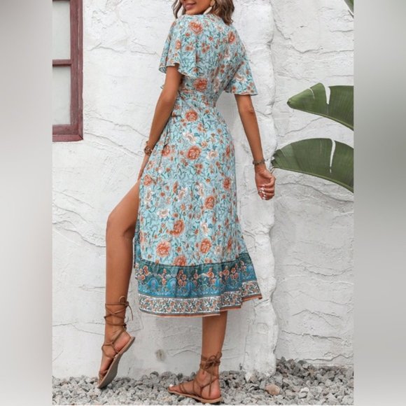 Blue Boho Floral Print Ruffle Trim Wrap Knot Side Dress - Picture 2 of 6